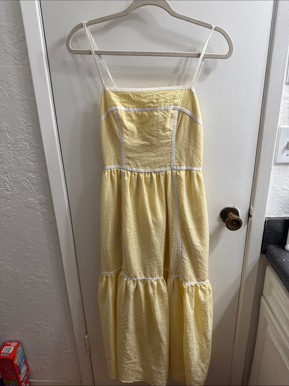 Francesca's Collections Pale Yellow Maxi Dress with White Trim